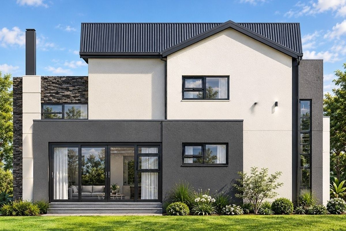 A modern two-story residential exterior featuring a mix of stone and stucco finishes, corrugated metal roofing, and large sliding glass doors leading to the garden.