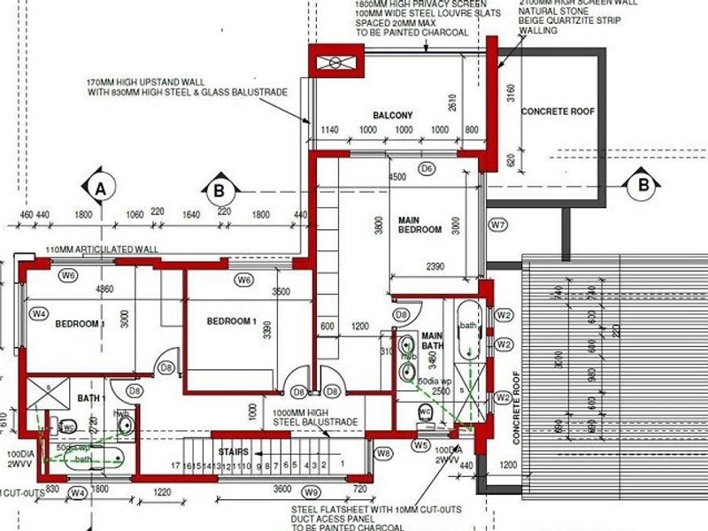 Architectural floor plan detailing the layout of the upper level, including bedrooms, bathrooms, balcony, and staircase configuration.
