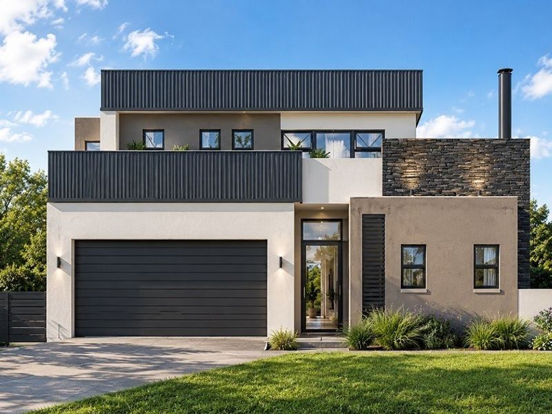 Modern double-story residential home featuring a contemporary facade with stone cladding, a double garage, and a spacious upper-level balcony.