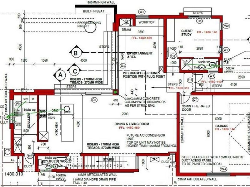 Architectural floor plan detailing the layout of the kitchen, living area, entertainment space, garage, and guest study.