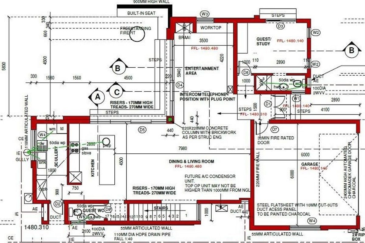 Architectural floor plan detailing the layout of the kitchen, living area, entertainment space, garage, and guest study.