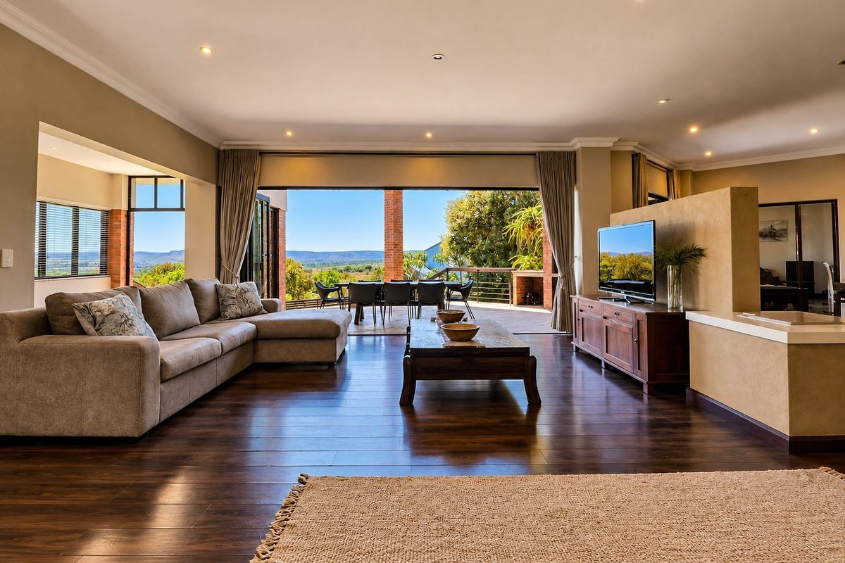 Spacious living room featuring dark hardwood floors, recessed lighting, and large sliding doors opening onto a scenic outdoor patio area.