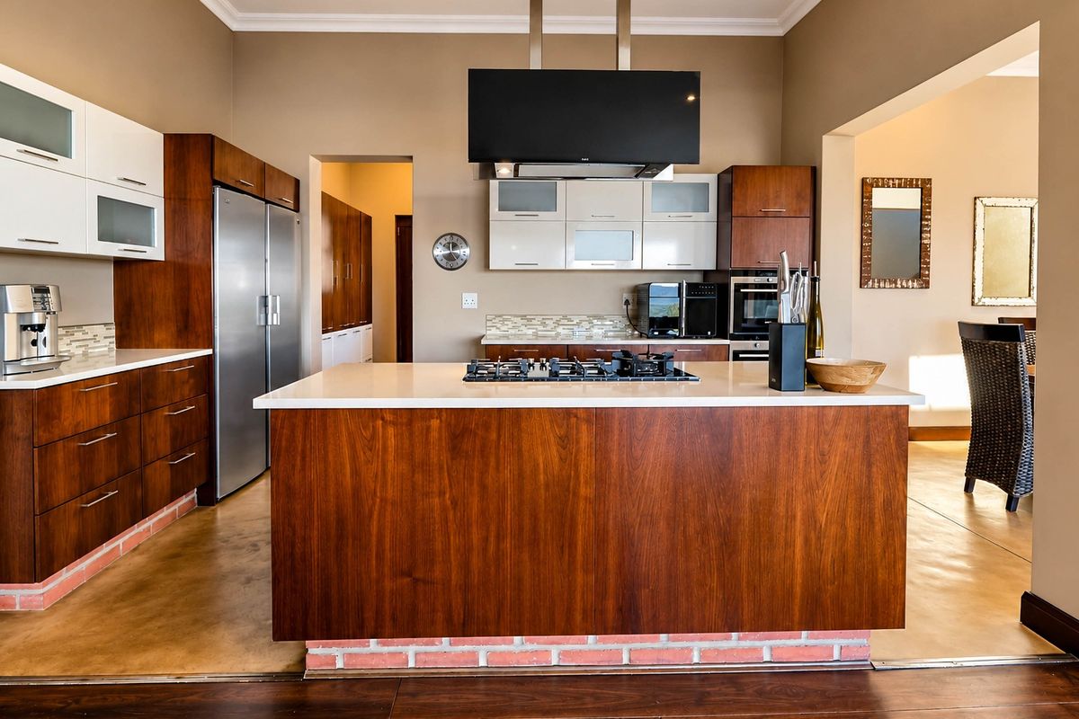 Modern kitchen featuring a central island with gas cooktop, sleek wood-finish cabinetry, stone countertops, and integrated appliances, offering a functional and stylish cooking space.
