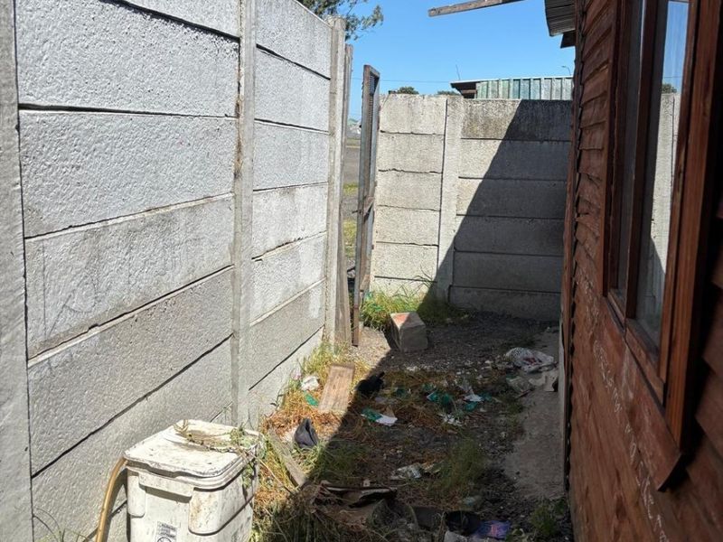 A narrow rear exterior passage featuring a precast concrete boundary wall and timber-clad building exterior, currently requiring significant clearing and maintenance.