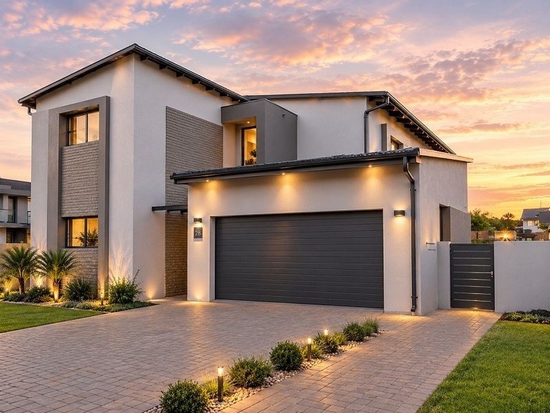 Modern double-storey residential home featuring a paved driveway, integrated double garage, and contemporary architectural finishes at dusk.