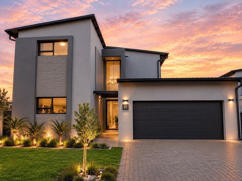 Modern double-story residential facade featuring a paved driveway, integrated double garage, and landscaped front garden under a sunset sky.