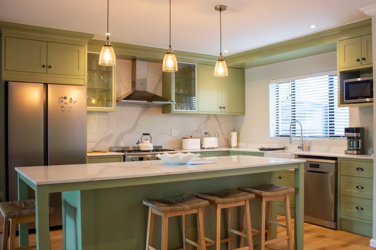 A modern, well-appointed kitchen featuring sage green shaker-style cabinetry, a central island with quartz countertops, and high-quality integrated appliances.