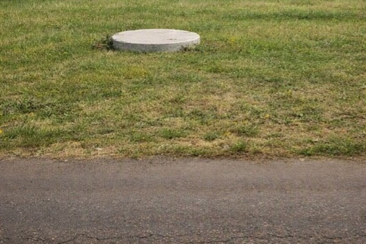 A view of a residential plot featuring a grass lawn and a concrete inspection cover near the paved road.