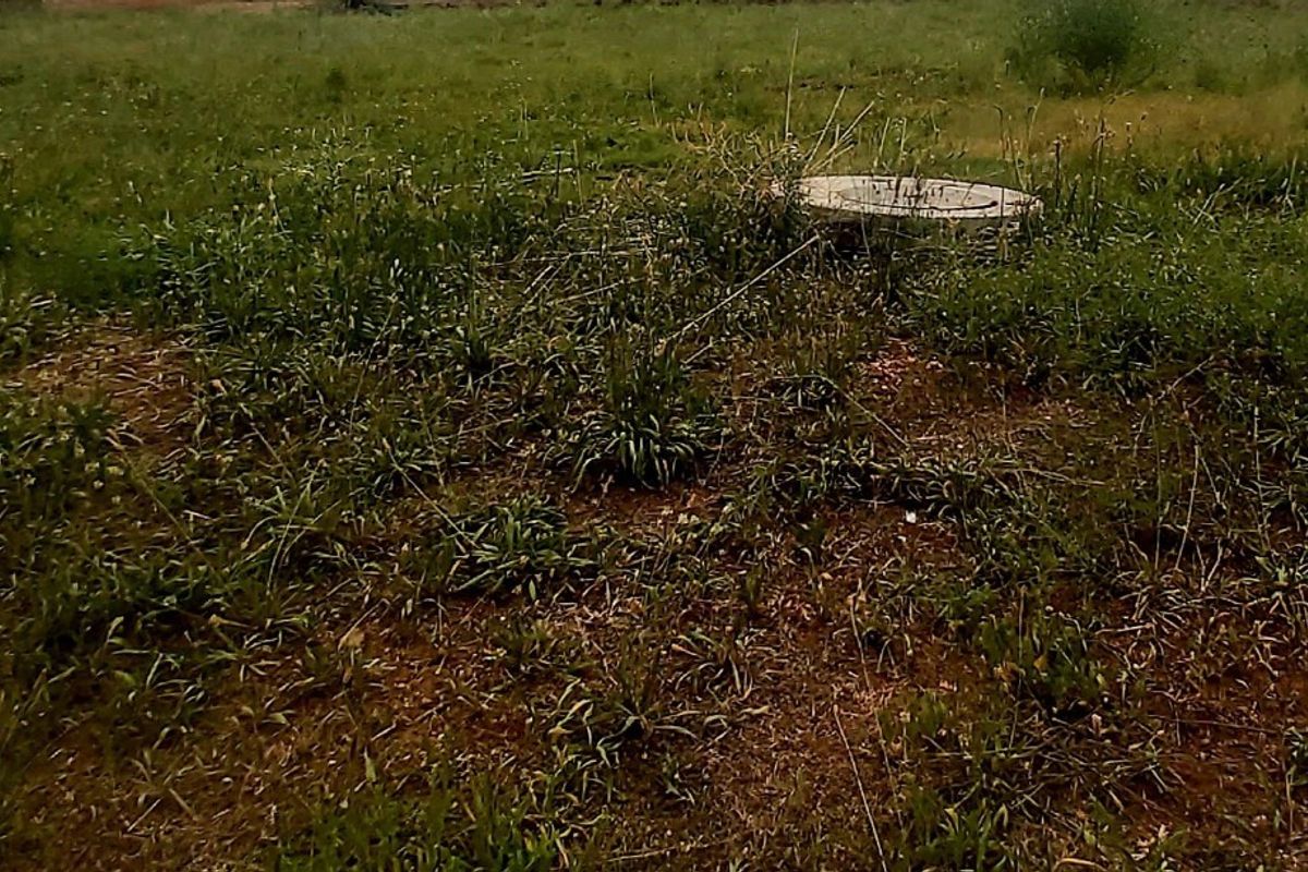 A view of the vacant residential land featuring overgrown grass and a visible manhole cover.