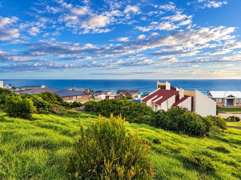 A scenic elevated view overlooking a coastal residential neighborhood with expansive ocean vistas under a bright blue sky.