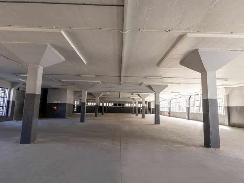 Expansive open-plan commercial space featuring high ceilings, structural concrete columns, industrial-style windows, and polished concrete flooring, suitable for various business or warehouse applications.
