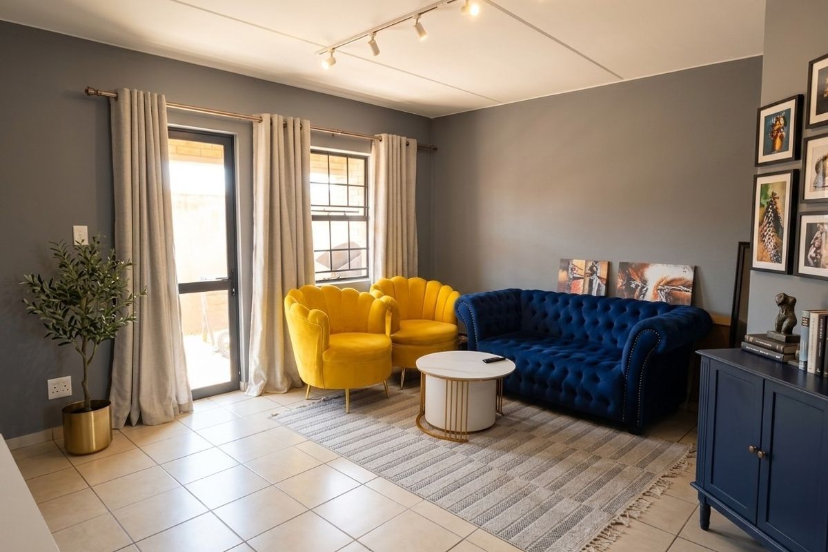 A well-lit living room featuring neutral tiled flooring, grey walls, and direct access to an outdoor area through a glass door.
