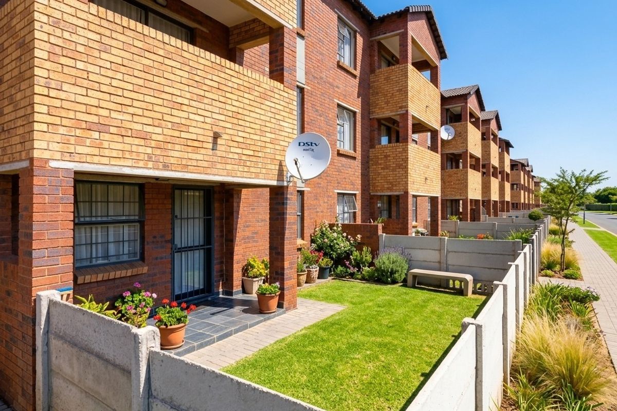 Ground floor apartment unit featuring a private garden, paved patio area, and face brick exterior with balcony access.