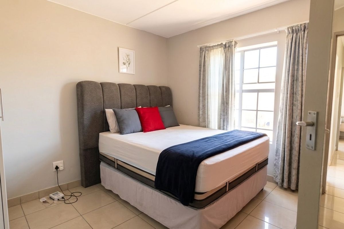 A well-lit bedroom featuring neutral wall tones, tiled flooring, and a window with curtains, providing a clean and functional living space.