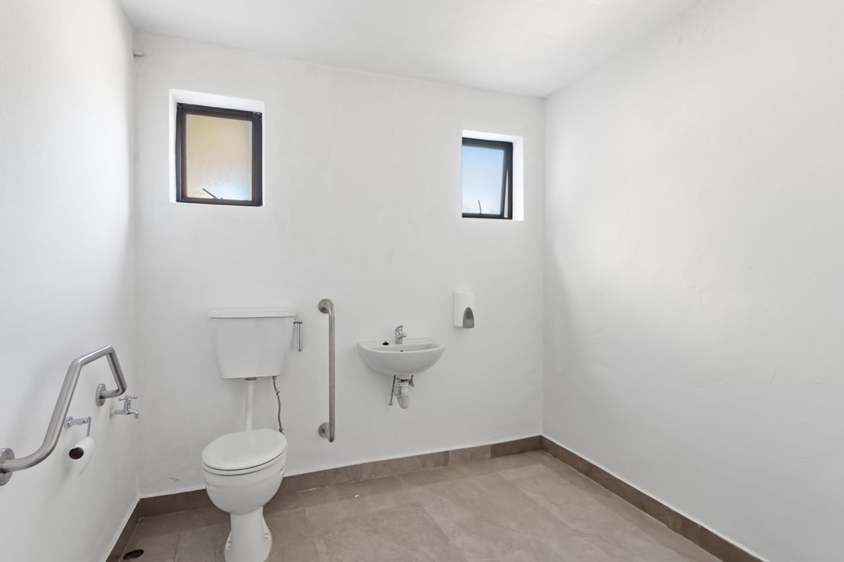 A clean, functional accessible bathroom featuring a toilet, wall-mounted basin, and safety grab rails with neutral tiled flooring.