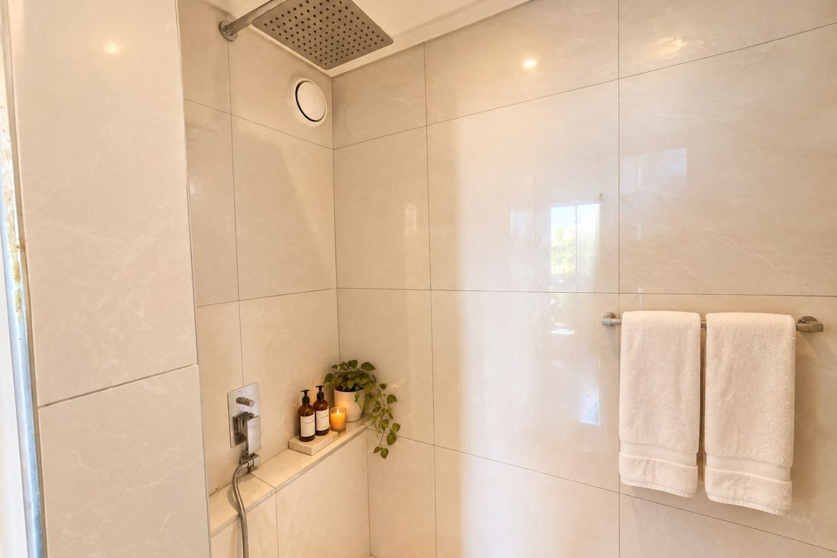 Modern walk-in shower featuring large-format marble-look wall tiles, a rainfall shower head, handheld attachment, and a convenient built-in storage niche.