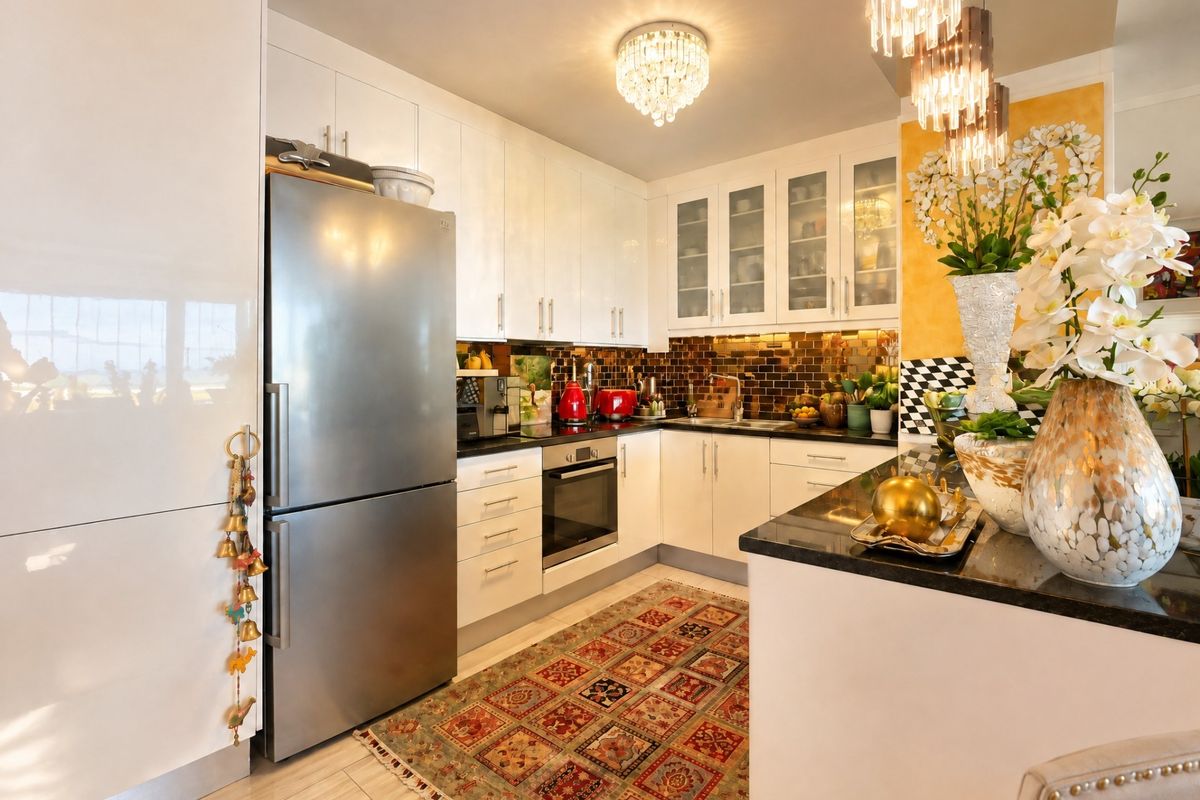 Modern kitchen featuring high-gloss white cabinetry, granite countertops, a built-in oven, and a striking metallic tile splashback.