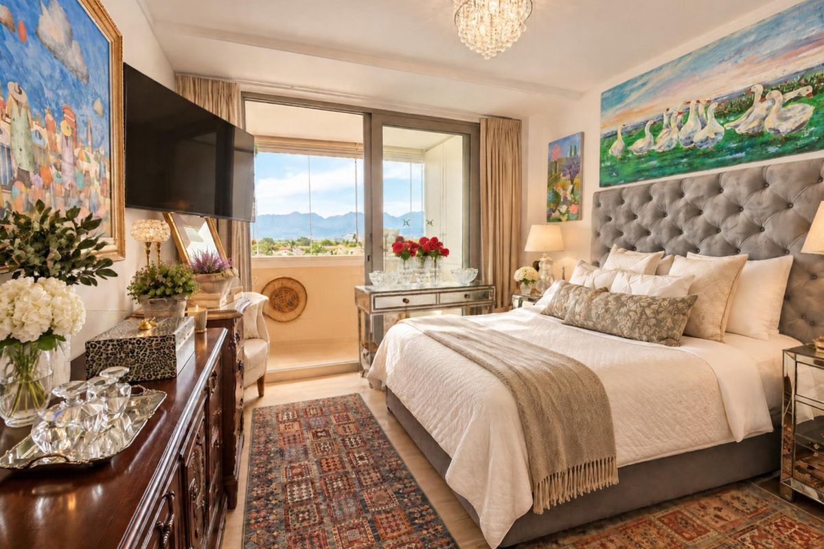 A well-appointed bedroom featuring a tufted headboard, elegant crystal chandelier, and direct access to a private balcony with scenic mountain views.