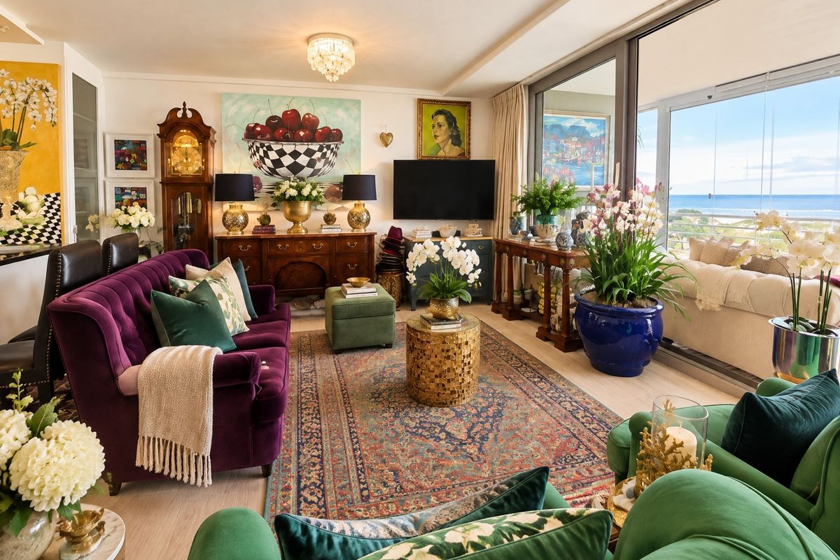 A spacious and well-lit living room featuring large sliding glass doors that offer expansive ocean views and provide abundant natural light.