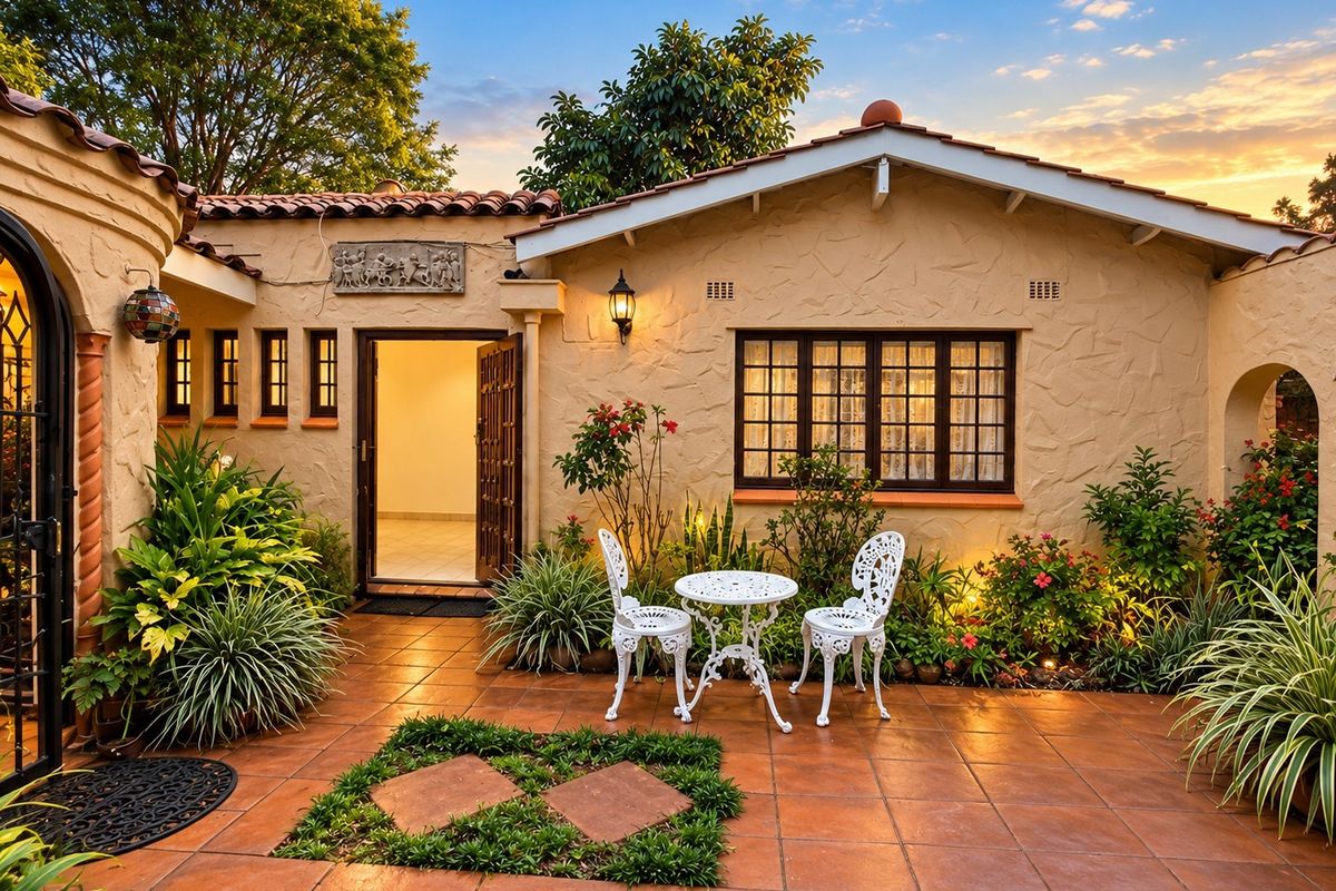 A charming rear courtyard featuring terracotta tiling, textured stucco walls, and classic leaded glass windows, creating a warm and inviting outdoor living space.