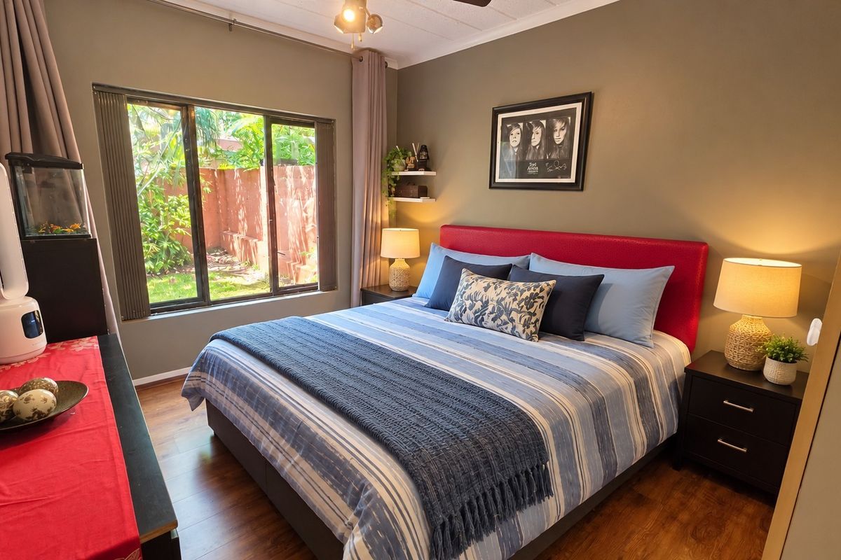 A well-maintained bedroom featuring laminate flooring, a large window providing natural light, and a ceiling fan.