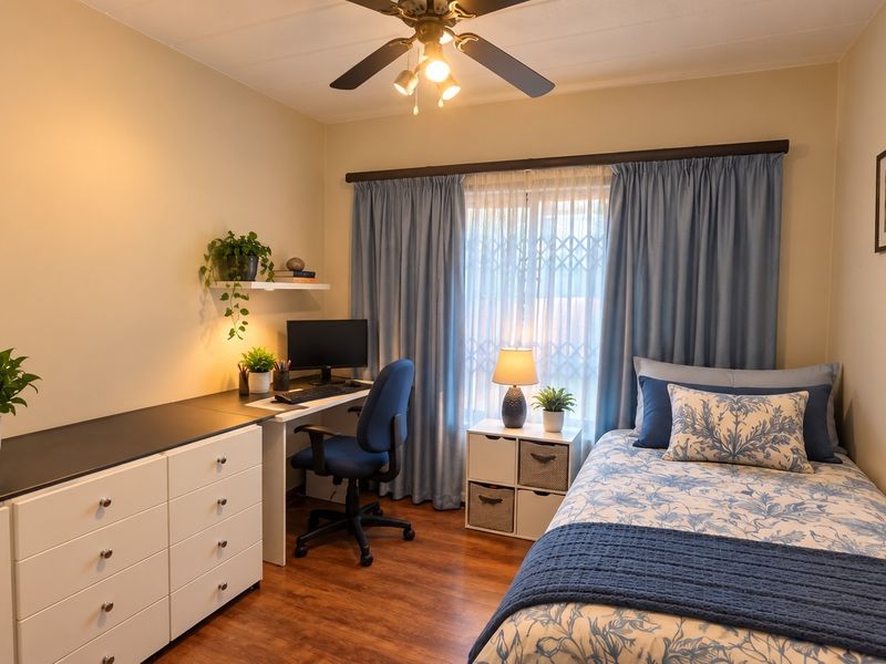 A well-maintained bedroom featuring laminate flooring, a ceiling fan, and integrated desk and storage cabinetry, offering a functional and comfortable living space.