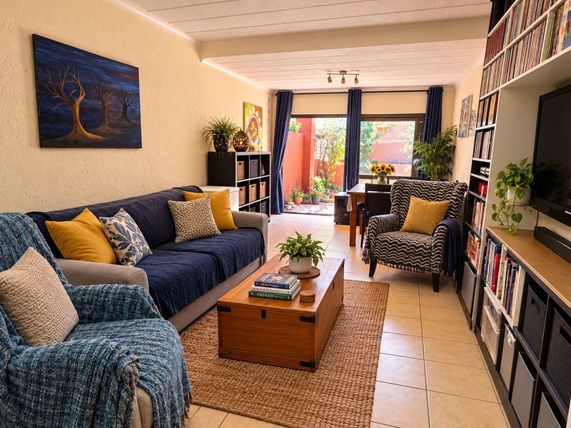 A comfortable living room featuring tiled flooring, a large built-in shelving unit, and a sliding glass door providing access to an outdoor patio area.