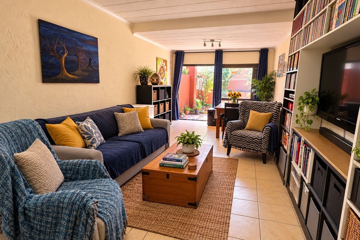A comfortable living room featuring tiled flooring, a large built-in shelving unit, and a sliding glass door providing access to an outdoor patio area.