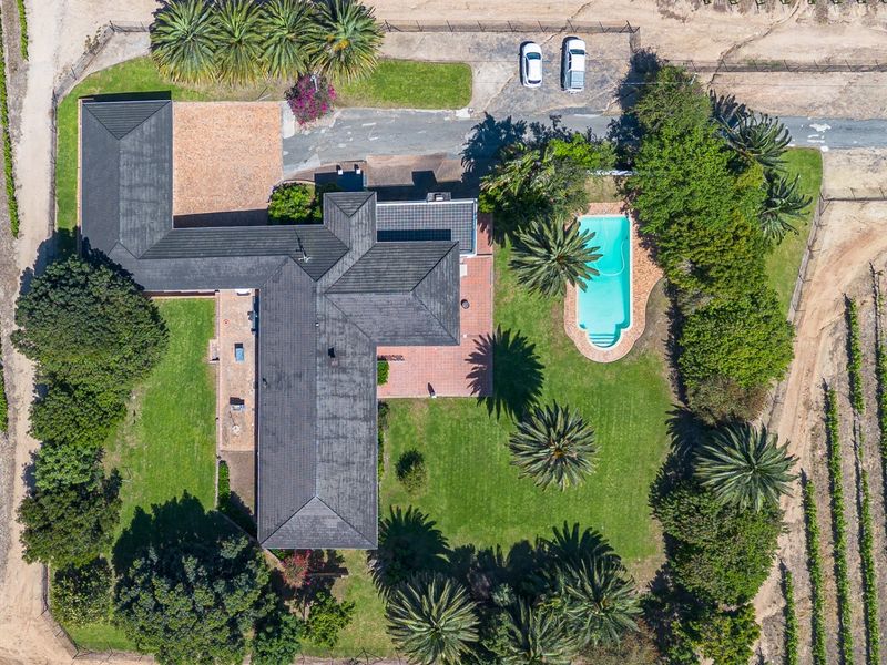 Aerial view of a farm property featuring a main residence with a tiled roof, a swimming pool, expansive lawns, and surrounding vineyard rows.