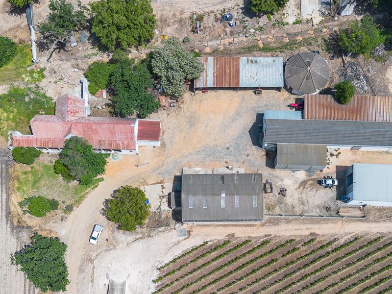 Aerial view of a farm property featuring multiple outbuildings, corrugated metal roofs, a silo, and established vineyard rows.