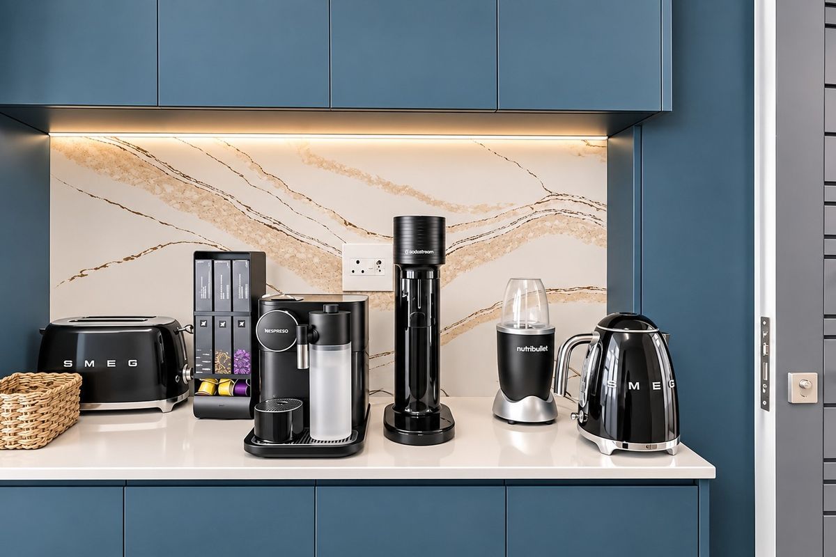 A modern kitchen coffee station featuring blue cabinetry, a marble-look splashback, and integrated under-cabinet lighting.