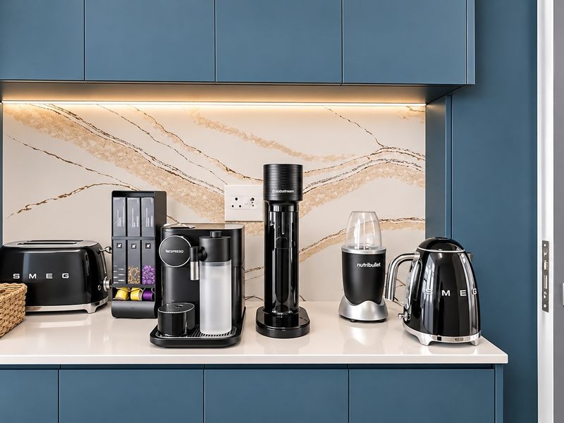 A modern kitchen coffee station featuring blue cabinetry, a marble-look splashback, and integrated under-cabinet lighting.