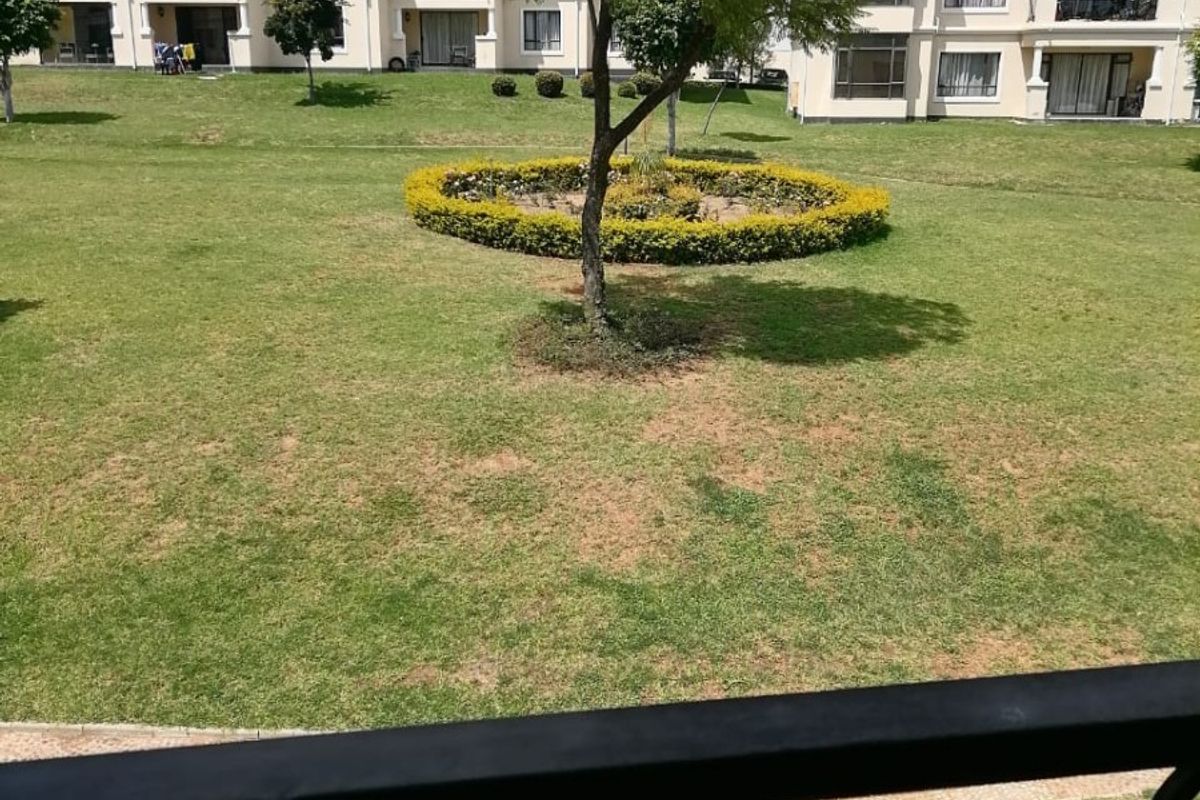 View from a balcony overlooking a well-maintained communal garden area between apartment blocks.