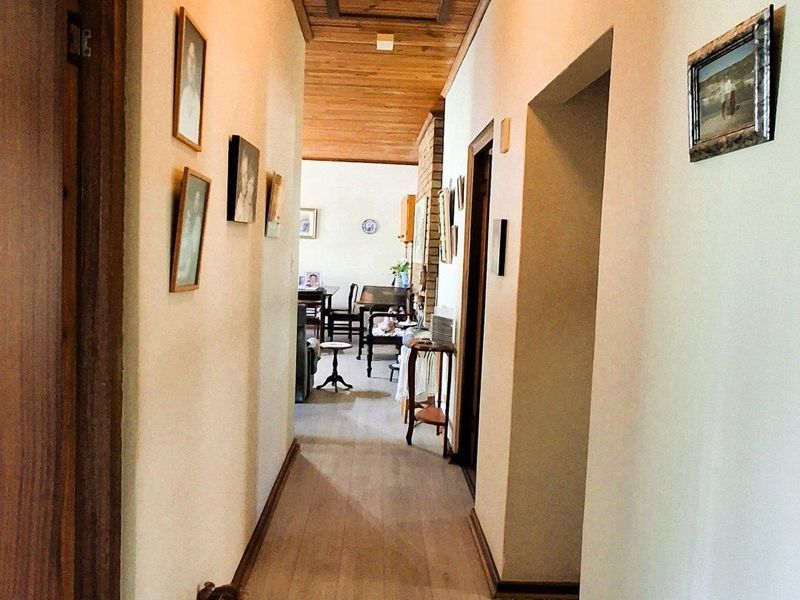 A well-maintained hallway featuring a warm timber-clad ceiling and modern laminate flooring, providing a clean transition between the home's living spaces.