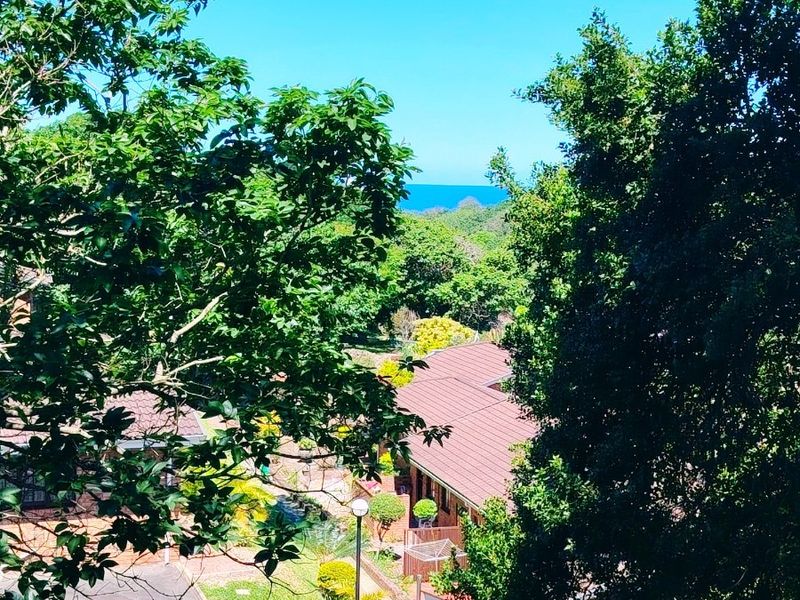 Elevated view overlooking the townhouse complex grounds, featuring mature trees, landscaped gardens, and a glimpse of the ocean in the distance.