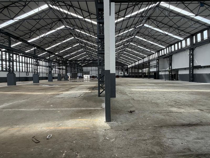 Spacious industrial warehouse featuring high exposed steel truss ceilings, abundant natural light from skylights, and durable concrete flooring throughout the open-plan facility.