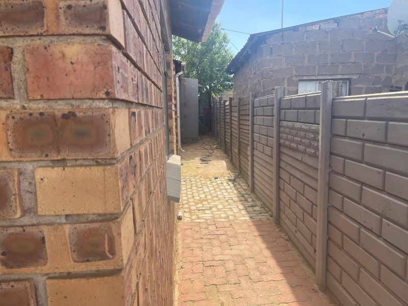 A narrow side passage featuring face brick exterior walls, a precast concrete boundary wall, and paved ground surface.