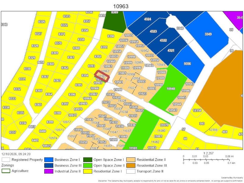 A zoning map illustrating the various land use designations and registered property boundaries within the specified municipal area.