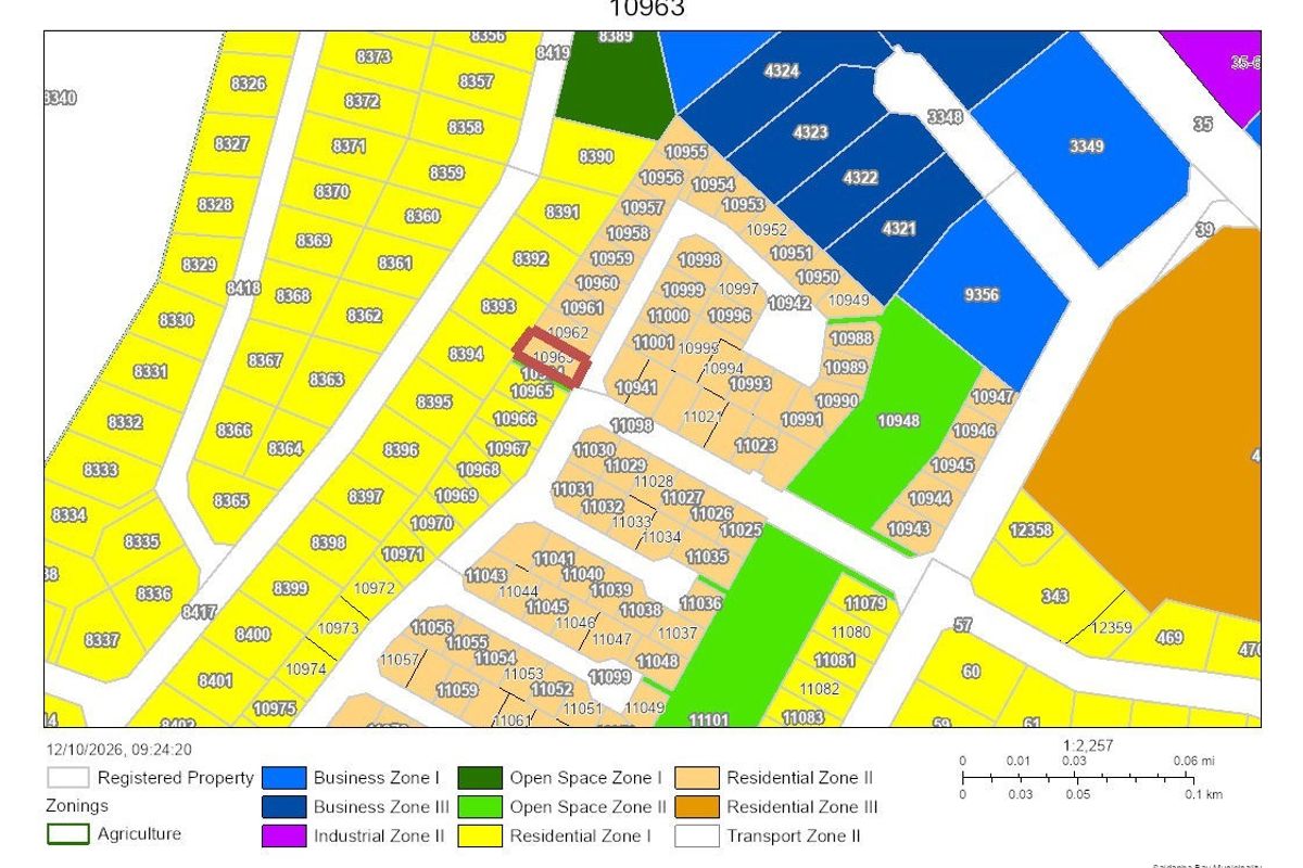 A zoning map illustrating the various land use designations and registered property boundaries within the specified municipal area.