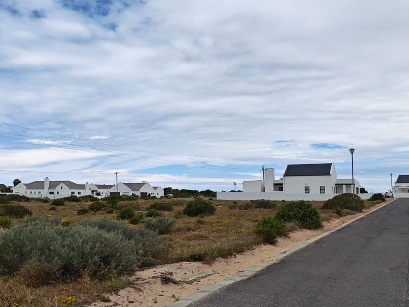 A street view of a residential area featuring paved roads, street lighting, and surrounding coastal-style homes on vacant land.