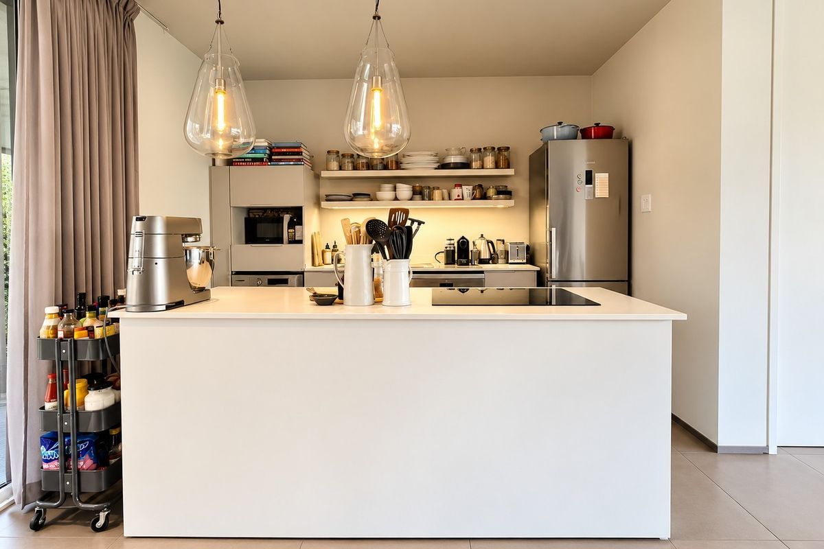 Modern kitchen featuring a central island with an integrated induction cooktop, sleek cabinetry, open shelving, and stylish pendant lighting.
