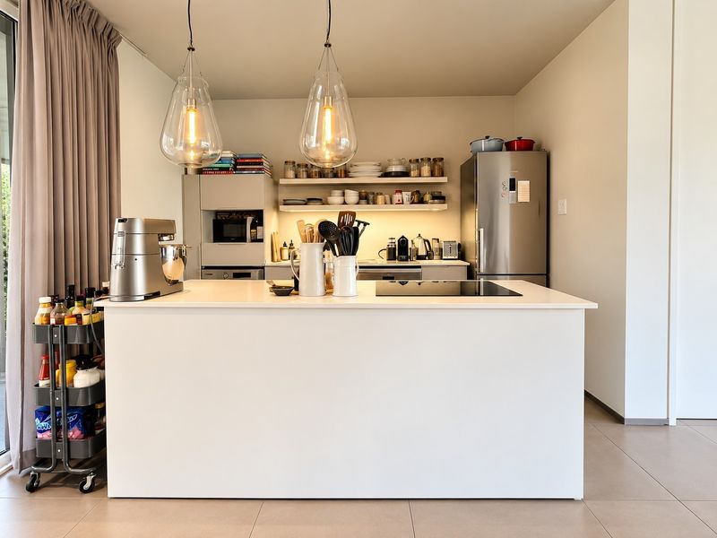 Modern kitchen featuring a central island with an integrated induction cooktop, sleek cabinetry, open shelving, and stylish pendant lighting.