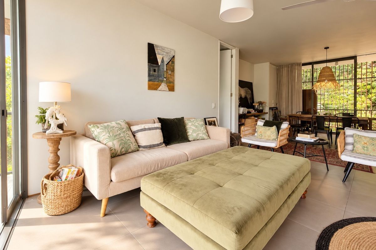 Bright open-plan living and dining area featuring large sliding glass doors, neutral tiled flooring, and modern ceiling fan, creating a seamless indoor-outdoor flow.