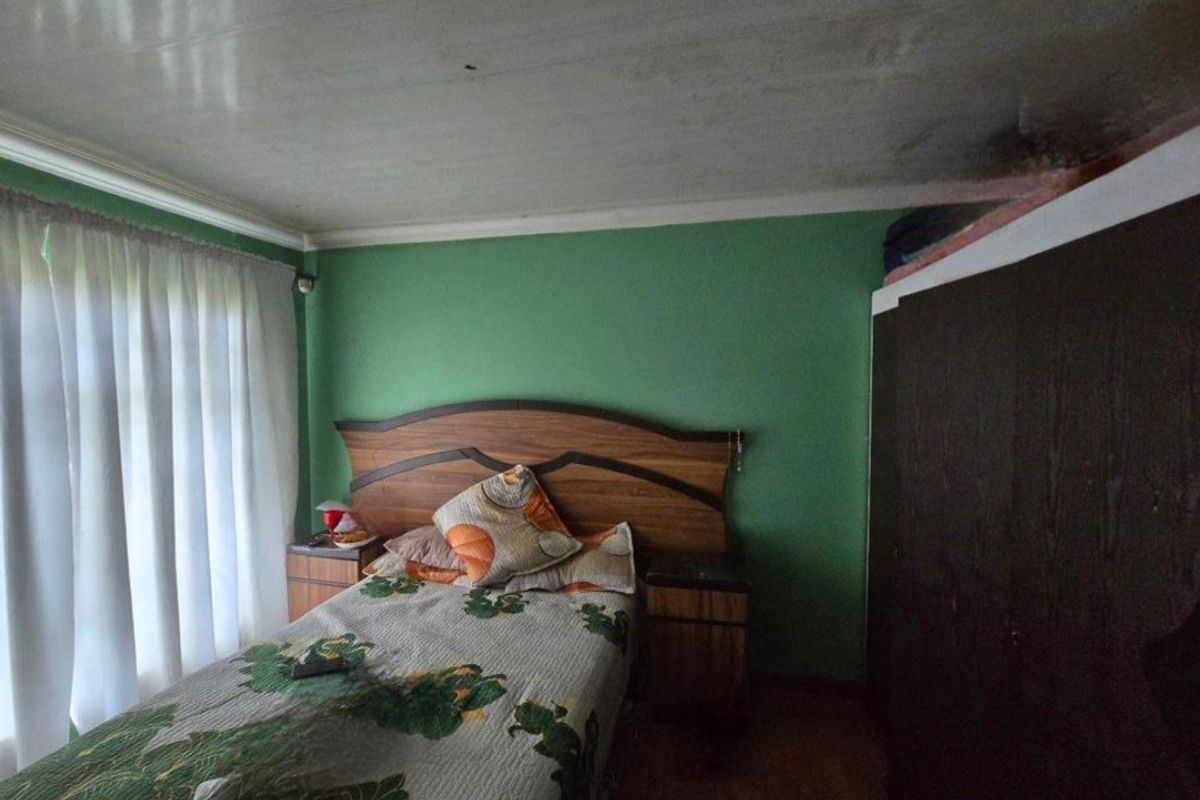 A bedroom featuring built-in wardrobe storage, laminate flooring, and green painted walls, requiring attention to ceiling maintenance.