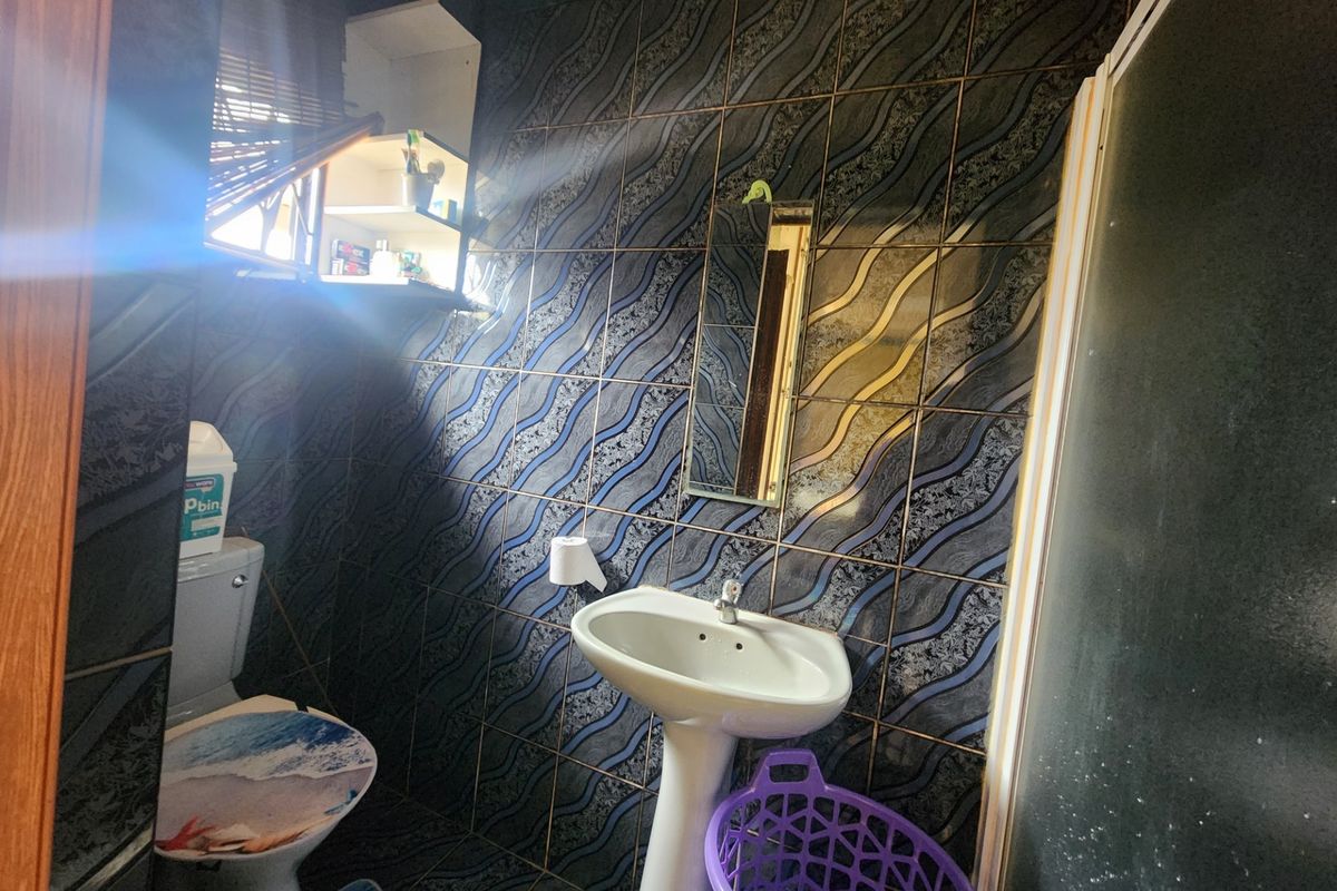 A compact bathroom featuring a pedestal basin, toilet, and shower enclosure with dark patterned wall tiling.