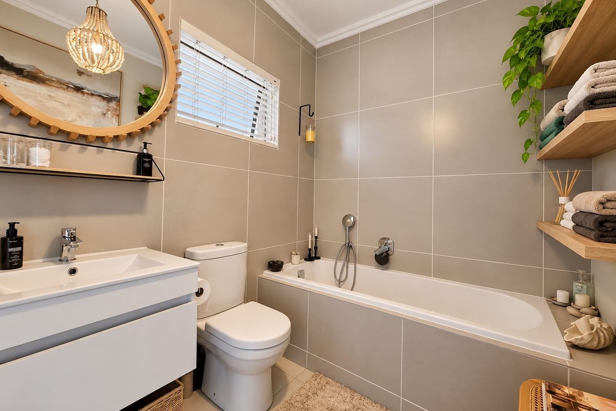 Modern bathroom featuring neutral wall tiles, a wall-mounted vanity, a bathtub with handheld shower, and convenient floating timber shelving.