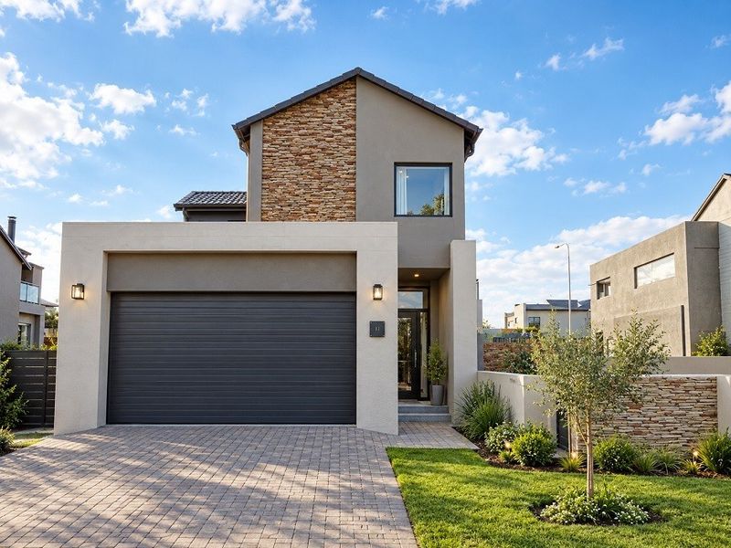 Modern double-storey residential facade featuring stone cladding, a paved driveway, and a double garage, set within a well-maintained landscaped garden.