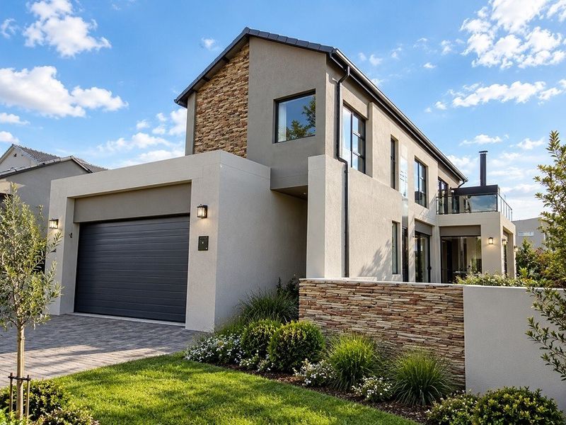 Modern double-storey home featuring contemporary stone cladding, a double garage, paved driveway, and an upper-level balcony.