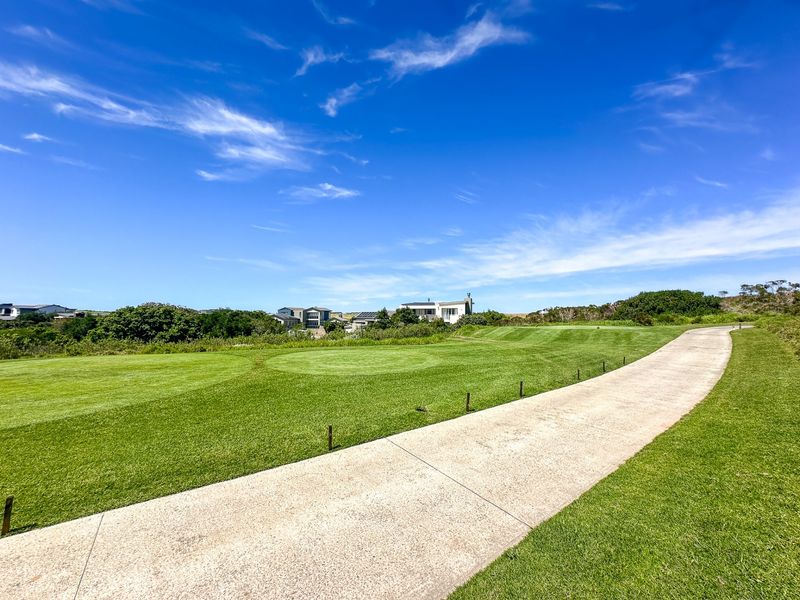 A well-maintained residential garden featuring a concrete pathway winding through a manicured lawn with surrounding natural vegetation.