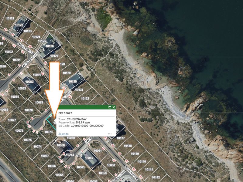Aerial view of the residential vacant land plot in St Helena Bay, highlighting its location and proximity to the coastline.